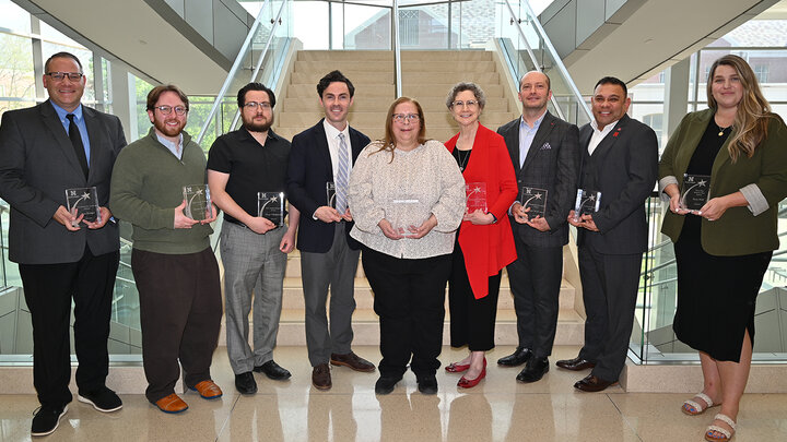 Dean Kathy Farrell presented College of Business awards to 11 faculty, staff and Ph.D. students for their achievements during the 2024-25 academic year.