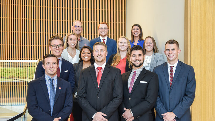 The 2019 MAIAA cohort includes, from left to right: (front row) Cam Walker, Patrick Kosena, Ryan McFarlin, Jacob Shoemaker; (middle row) Tatu Tiililä, Janelle Rothacker, Bri Cassidy, Michaela Brueggen, Emilia Frizzi; (back row) Dr. Scott M. Fuess Jr., Steinhart Foundation Distinguished Professor of Business and faculty director for the MAIAA program, Corbin Heller and Dr. Kasey Linde, assistant director of the Teaching and Learning Center and MAIAA instructor.