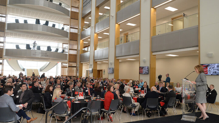 Dean Kathy Farrell welcomes advisory board members and honorees to the 2018 Awards Luncheon in Howard L. Hawks Hall.