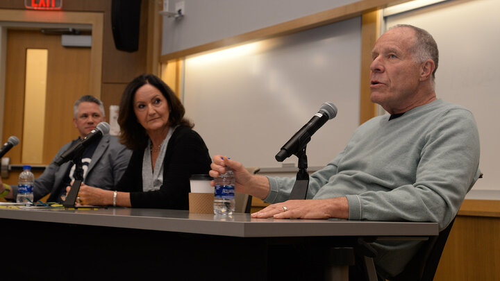 From right to left: Paul Orfalea, founder of Kinko’s; Kay Vorheis, ’77, finance director at V2 Bio-Consulting; and Jeff Noordhoek, ’88, CEO of Nelnet; talk to business students about making the right ethical decisions in business and life.