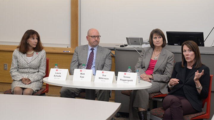 Laura Schulte, Matt Epp, Sue Wilkinson and Teresa Poggenpohl headlined the fall Executive Insights panel at Howard L. Hawks Hall.