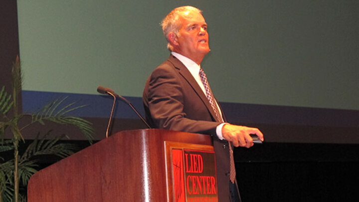 Bill O'Rourke speaking to business students at a previous State Farm Ethics Lecture.