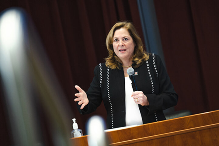 Connie Collingsworth, ’82, chief operating officer of the Bill & Melinda Gates Foundation, presented as the opening keynote speaker