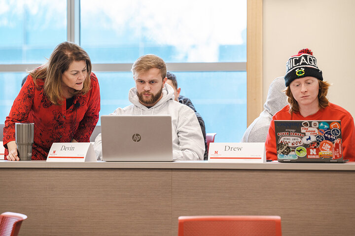 Students utilize simulation software in the Bank Management (FINA 465) course, taught by Donna Dudney, associate professor of finance.