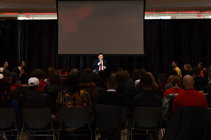 With more than 150 people in attendance, Nguyen shares his personal story at Howard L. Hawks Hall.
