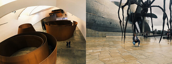 Ariel Zach’s favorite work at the museum: “The Matter of Time” by Richard Serra (left), and with smiles under “Mom” by Louise Bourgeois at the Guggenheim Museum in Bilbao, Spain. Both artists have artwork displayed at the University of Nebraska-Lincoln.