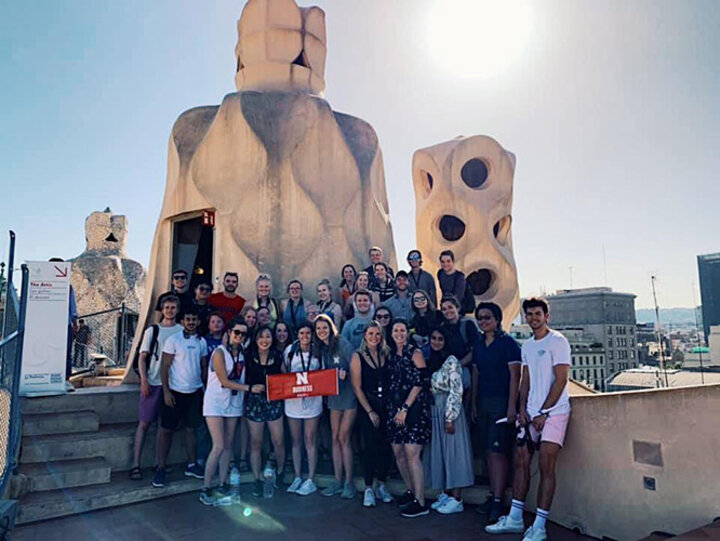 Nebraska students pose on the top of La Pedrera, one of the most visited buildings in Barcelona.