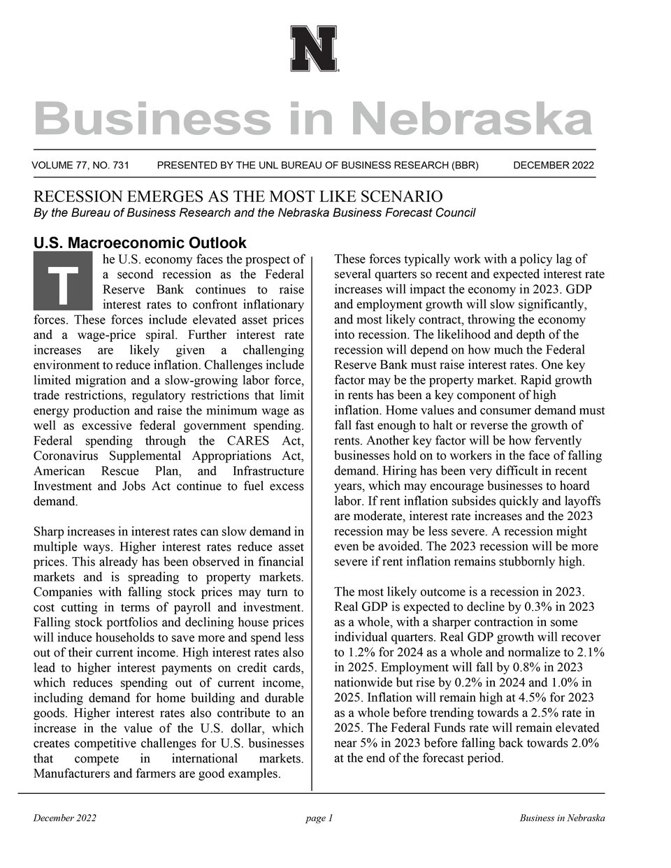 Business in Nebraska - Recession Emerges as the Most Likely Senario
