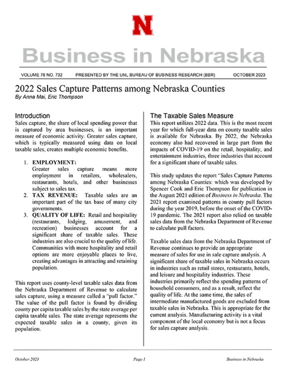 Business in Nebraska 2022 Sales Capture Patterns Among Nebraska Counties