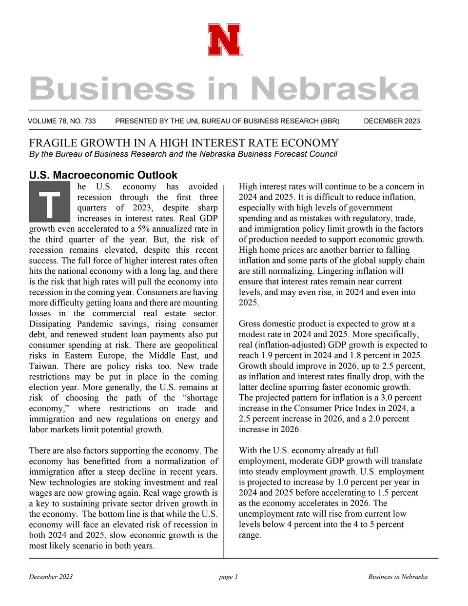 Business in Nebraska Fragile Growth in a High Interest Rate Economy, December 2023